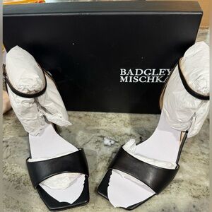 Badgley Mischka Black Leather Heeled Sandal with Heart Shaped Buckle